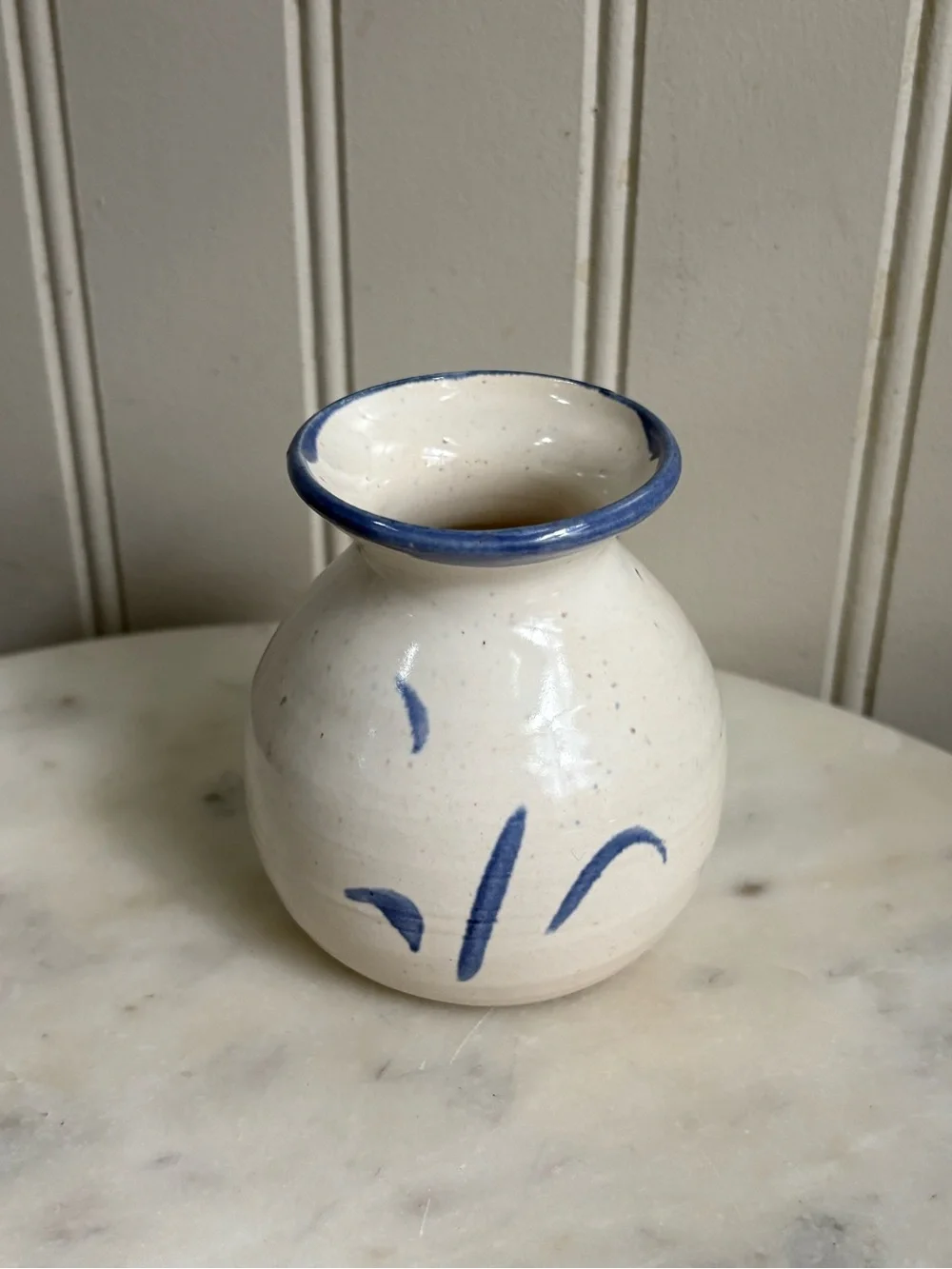 Vintage Nancy Postma Stoneware Studio Pottery Bud Vase White & Blue Handmade VTG